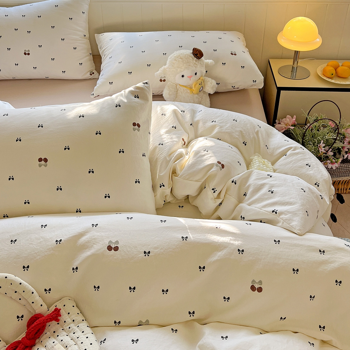 91家纺网 家纺一手货源 找家纺 暖芯优选 2025新款加厚爆款小布袋韩国古法水洗棉床单学生三件套床笠款四件套 蝴蝶结日记