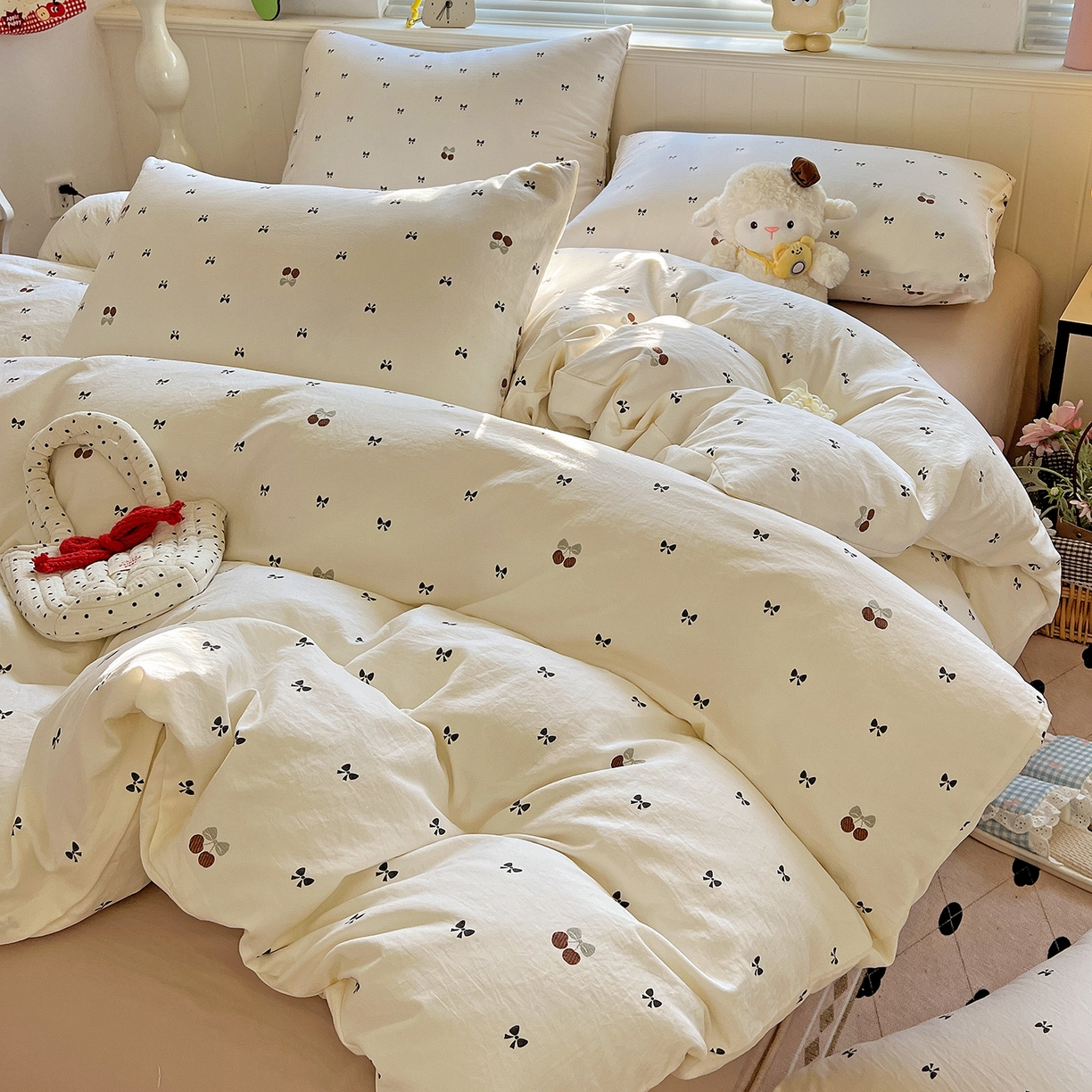 91家纺网 家纺一手货源 找家纺 暖芯优选 2025新款加厚爆款小布袋韩国古法水洗棉床单学生三件套床笠款四件套 蝴蝶结日记