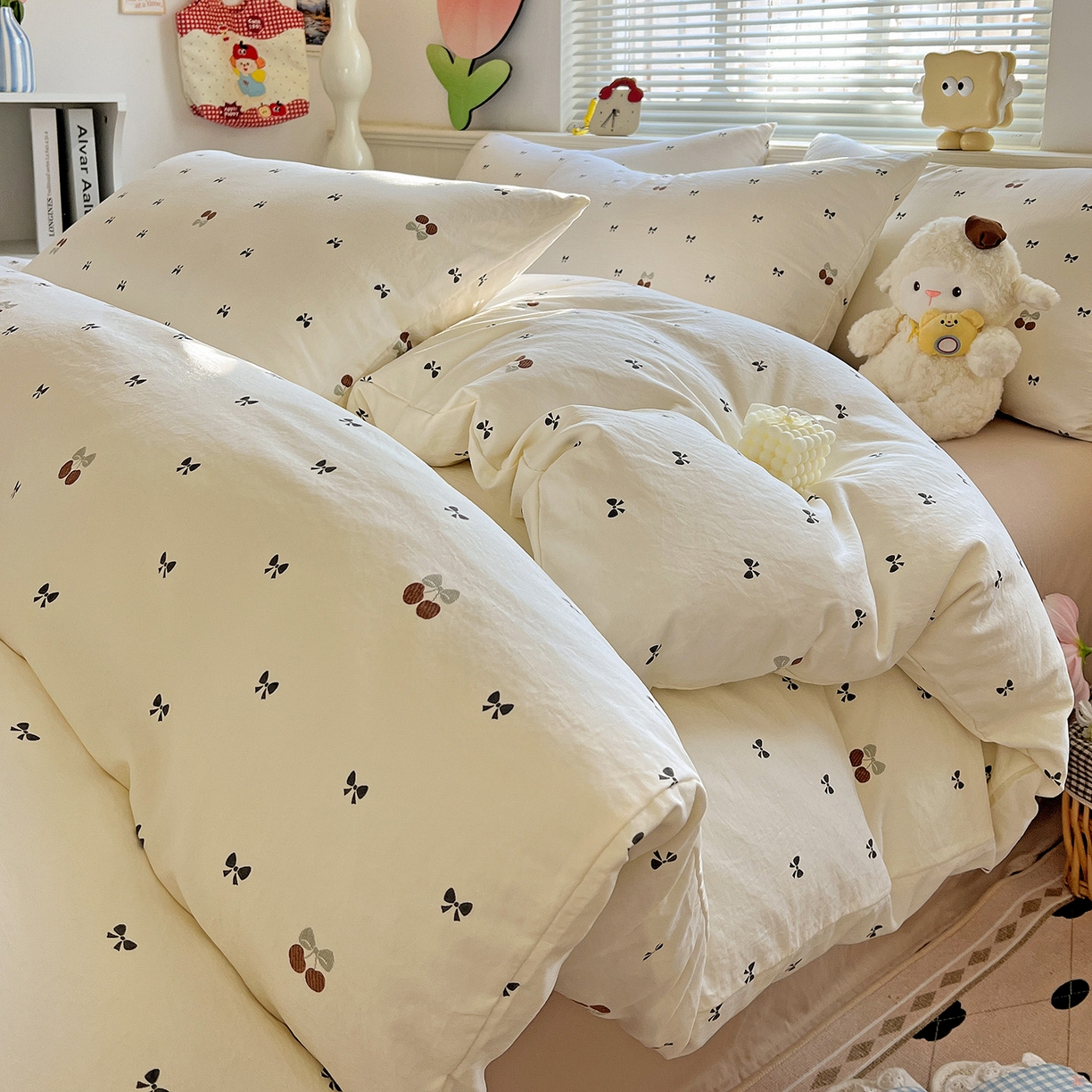 91家纺网 家纺一手货源 找家纺 暖芯优选 2025新款加厚爆款小布袋韩国古法水洗棉床单学生三件套床笠款四件套 蝴蝶结日记