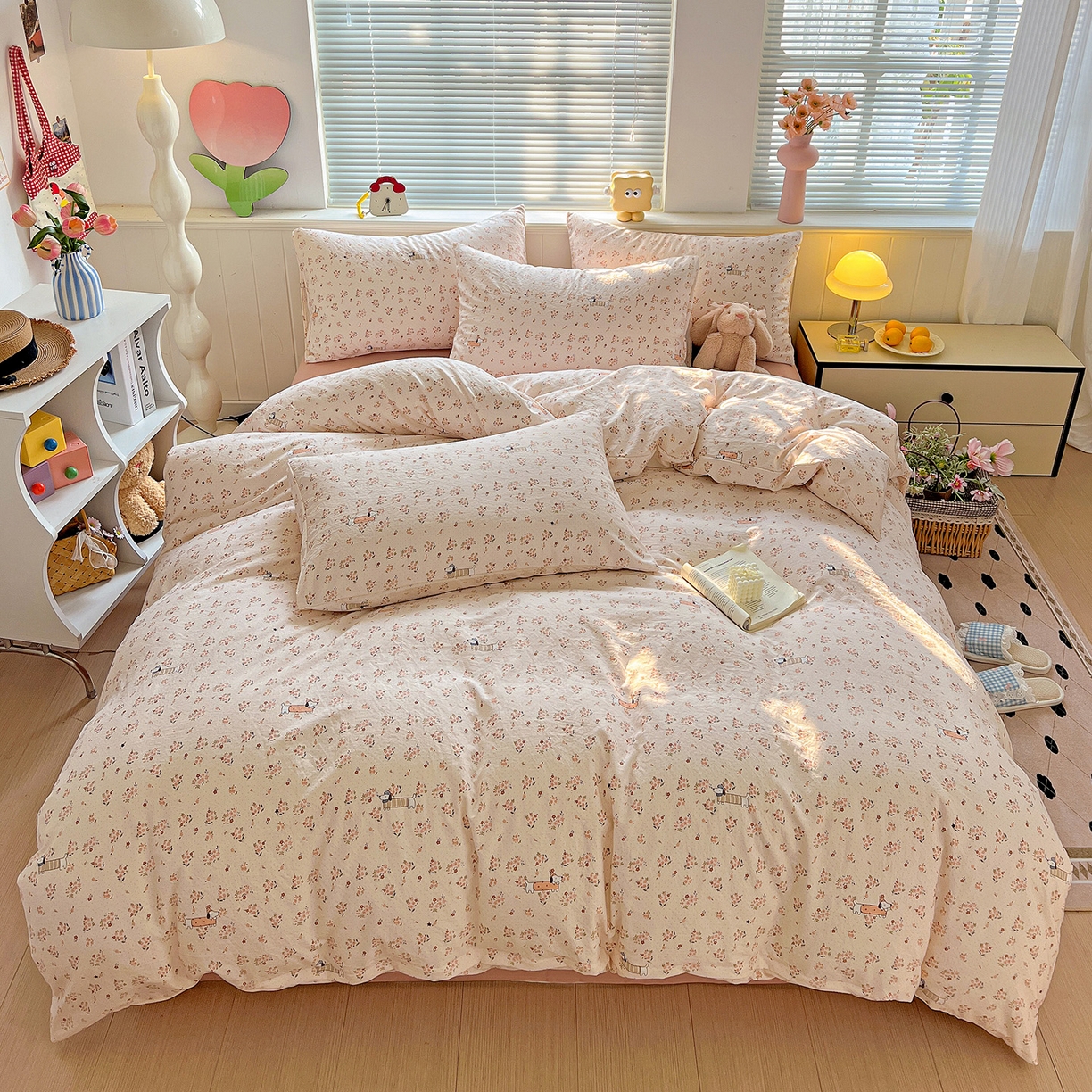 91家纺网 家纺一手货源 找家纺 暖芯优选 2025新款加厚爆款小布袋韩国古法水洗棉床单学生三件套床笠款四件套 花田汪语