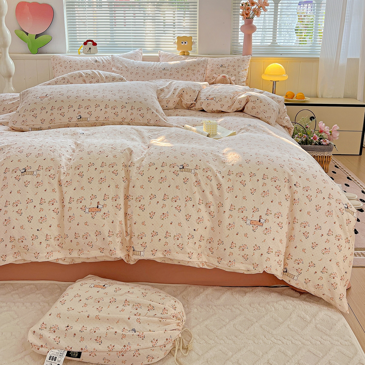 91家纺网 家纺一手货源 找家纺 暖芯优选 2025新款加厚爆款小布袋韩国古法水洗棉床单学生三件套床笠款四件套 花田汪语