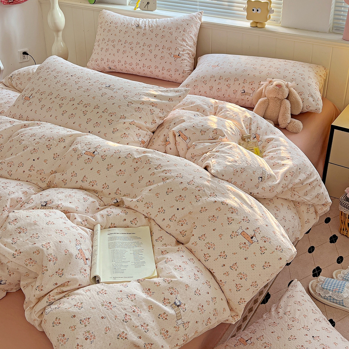 91家纺网 家纺一手货源 找家纺 暖芯优选 2025新款加厚爆款小布袋韩国古法水洗棉床单学生三件套床笠款四件套 花田汪语