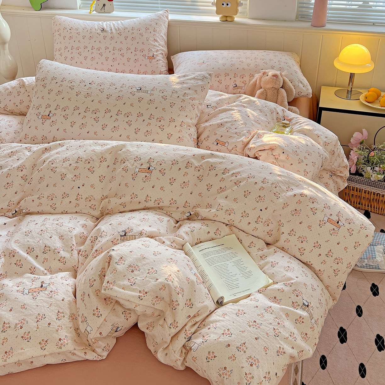 91家纺网 家纺一手货源 找家纺 暖芯优选 2025新款加厚爆款小布袋韩国古法水洗棉床单学生三件套床笠款四件套 花田汪语