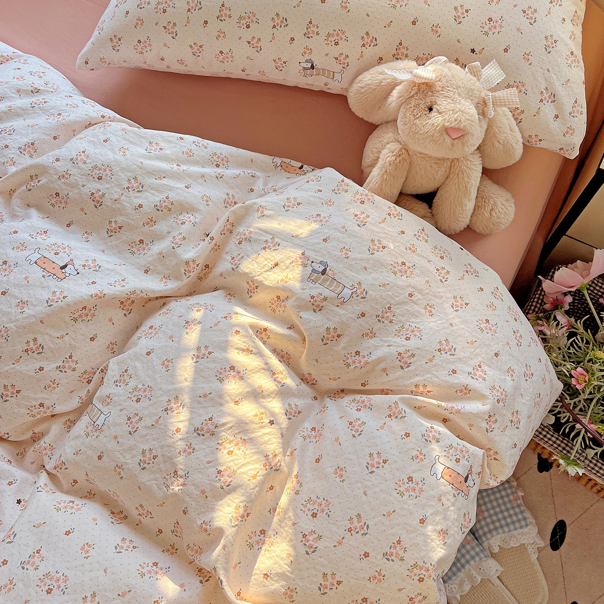 91家纺网 家纺一手货源 找家纺 暖芯优选 2025新款加厚爆款小布袋韩国古法水洗棉床单学生三件套床笠款四件套 花田汪语