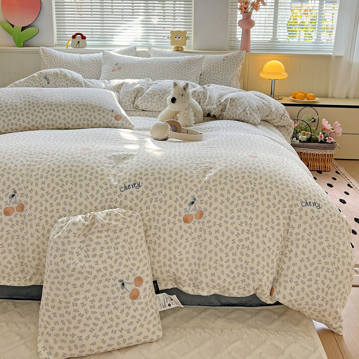 暖芯优选 2025新款加厚爆款小布袋韩国古法水洗棉床单学生三件套床笠款四件套 蓝叶樱语