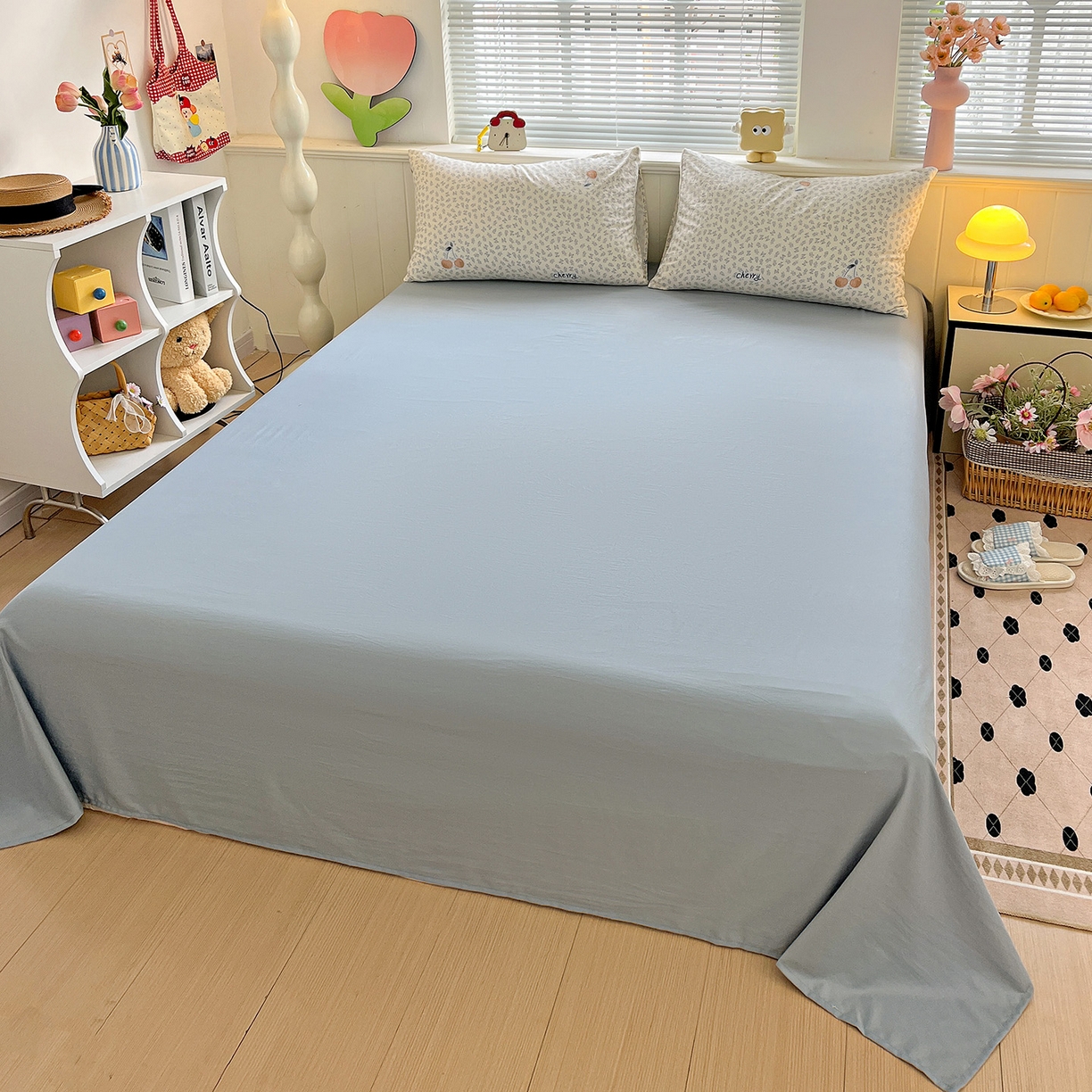 91家纺网 家纺一手货源 找家纺 暖芯优选 2025新款加厚爆款小布袋韩国古法水洗棉床单学生三件套床笠款四件套 蓝叶樱语