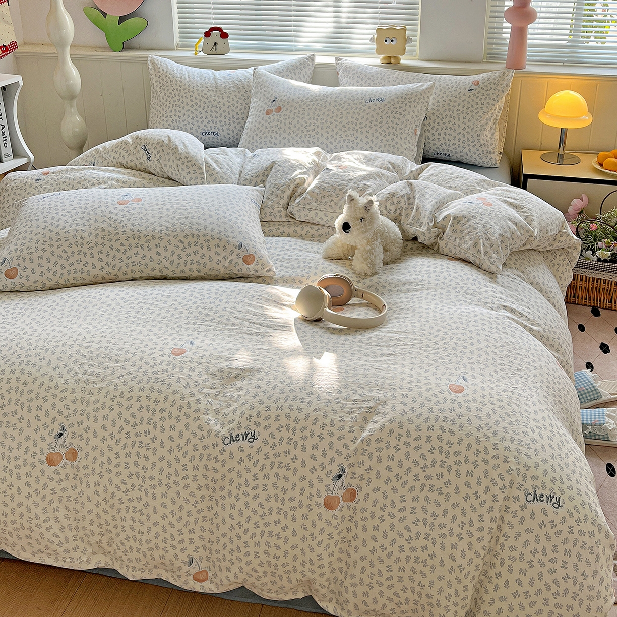 91家纺网 家纺一手货源 找家纺 暖芯优选 2025新款加厚爆款小布袋韩国古法水洗棉床单学生三件套床笠款四件套 蓝叶樱语