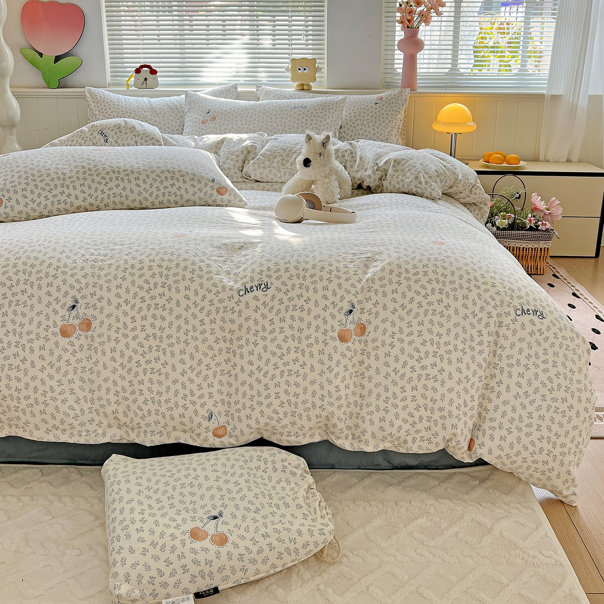 91家纺网 家纺一手货源 找家纺 暖芯优选 2025新款加厚爆款小布袋韩国古法水洗棉床单学生三件套床笠款四件套 蓝叶樱语