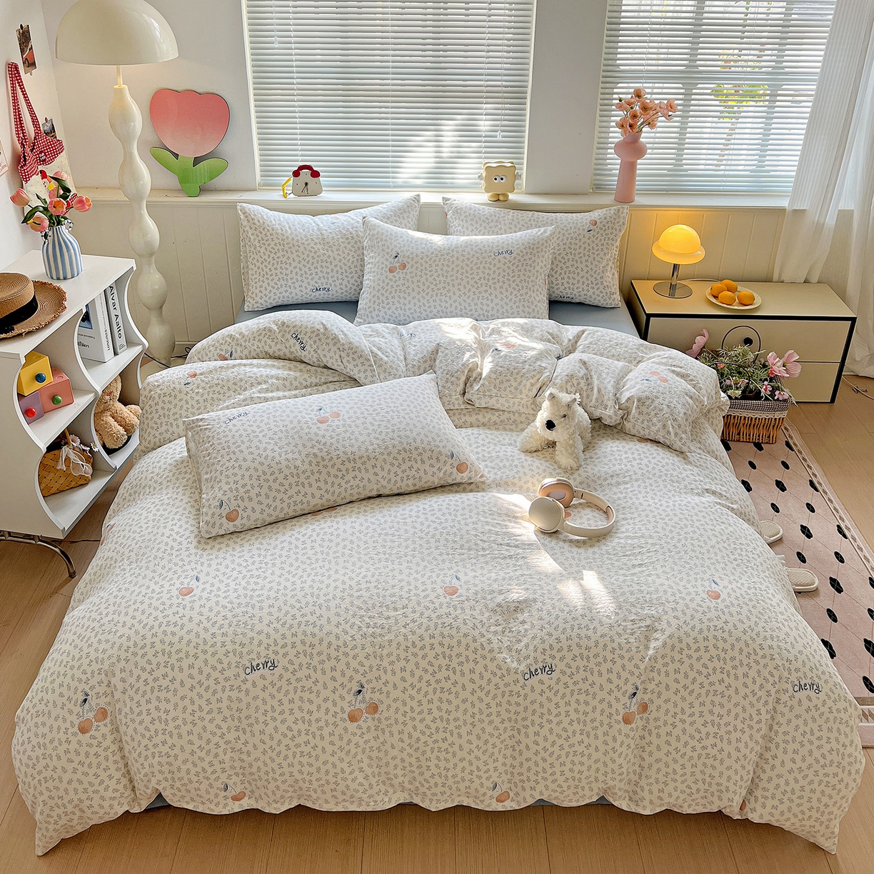 91家纺网 家纺一手货源 找家纺 暖芯优选 2025新款加厚爆款小布袋韩国古法水洗棉床单学生三件套床笠款四件套 蓝叶樱语