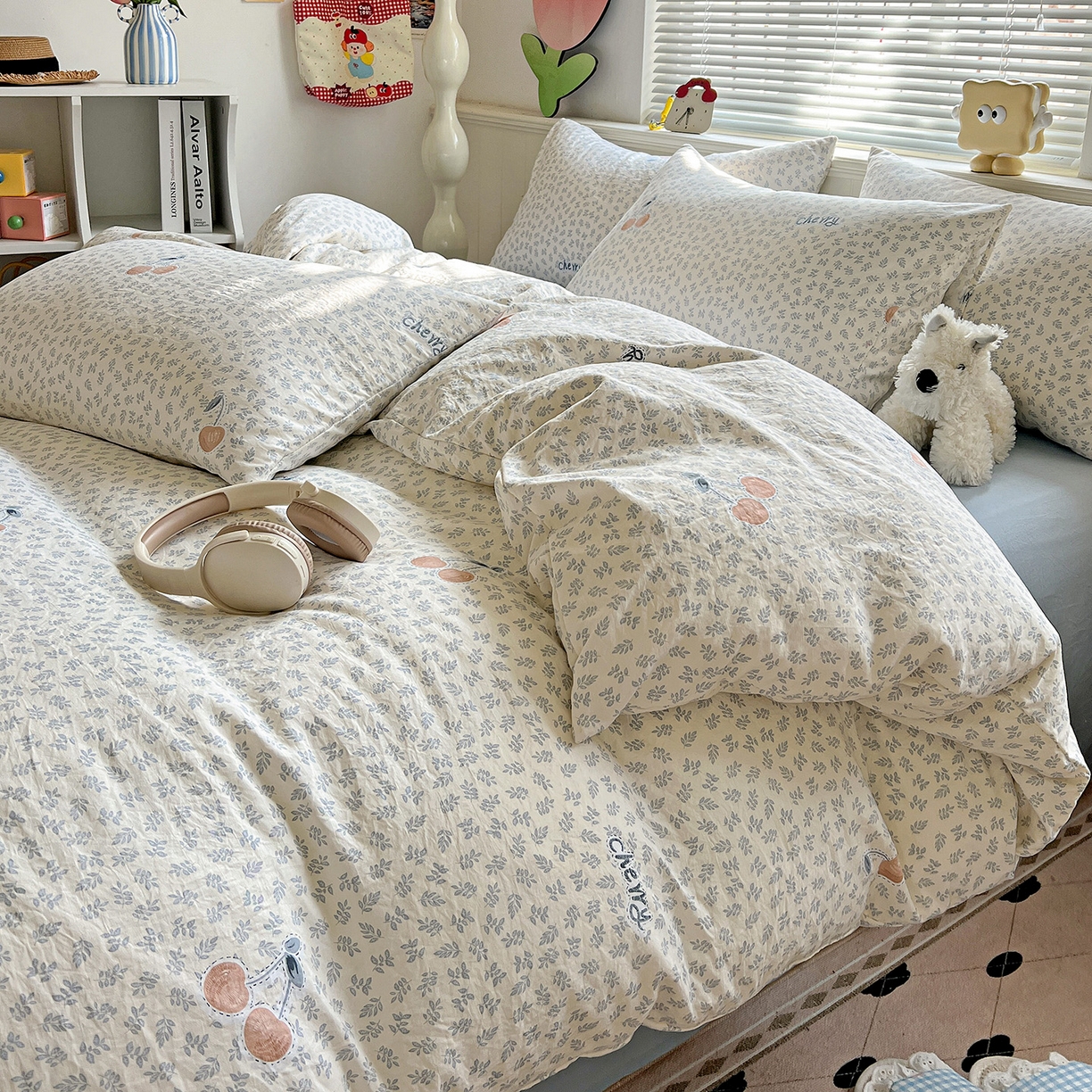 91家纺网 家纺一手货源 找家纺 暖芯优选 2025新款加厚爆款小布袋韩国古法水洗棉床单学生三件套床笠款四件套 蓝叶樱语