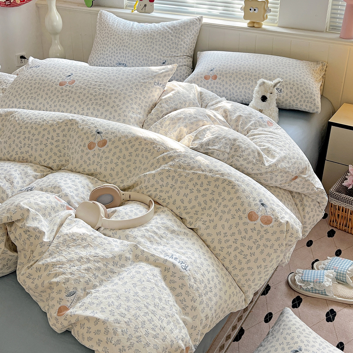 91家纺网 家纺一手货源 找家纺 暖芯优选 2025新款加厚爆款小布袋韩国古法水洗棉床单学生三件套床笠款四件套 蓝叶樱语