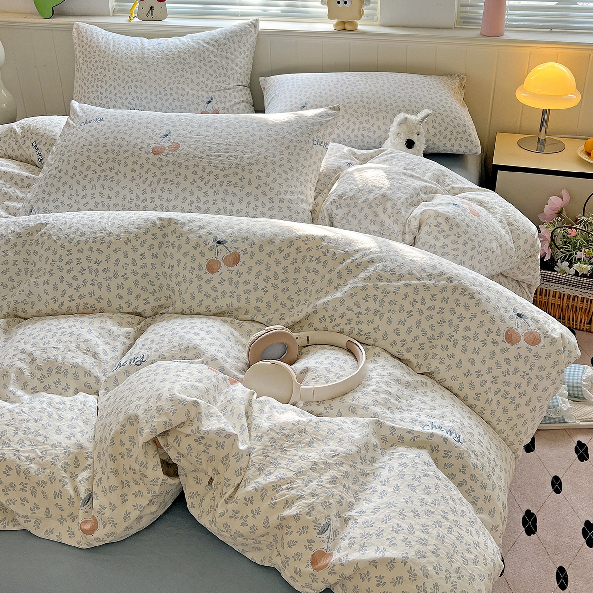 91家纺网 家纺一手货源 找家纺 暖芯优选 2025新款加厚爆款小布袋韩国古法水洗棉床单学生三件套床笠款四件套 蓝叶樱语