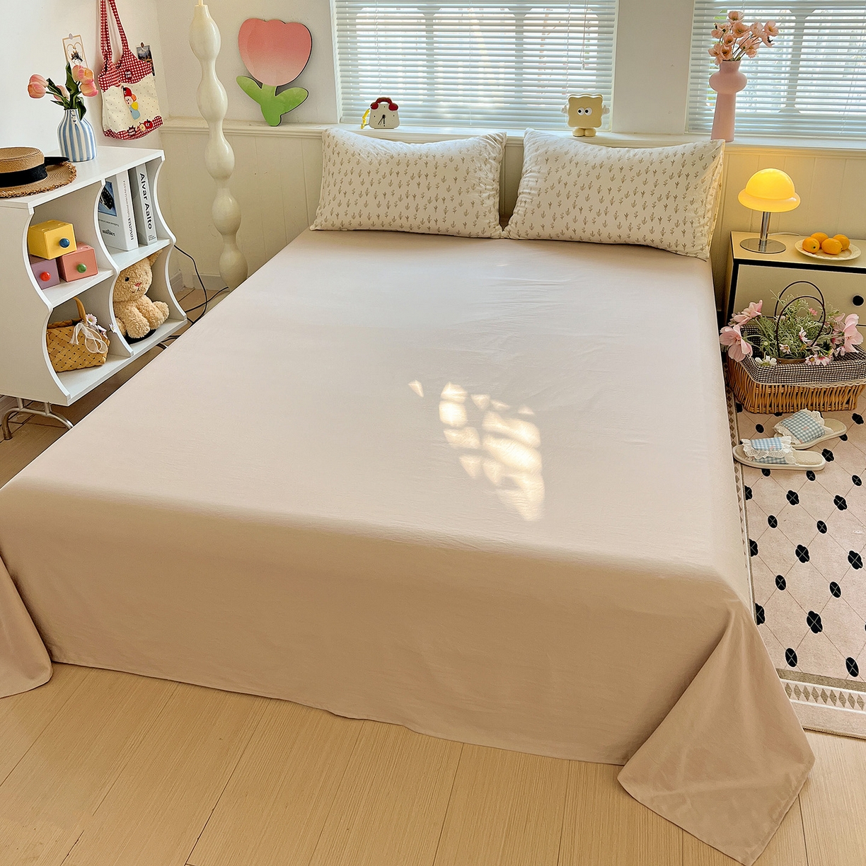 91家纺网 家纺一手货源 找家纺 暖芯优选 2025新款加厚爆款小布袋韩国古法水洗棉床单学生三件套床笠款四件套 素叶小筑