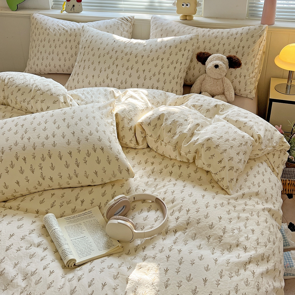 91家纺网 家纺一手货源 找家纺 暖芯优选 2025新款加厚爆款小布袋韩国古法水洗棉床单学生三件套床笠款四件套 素叶小筑