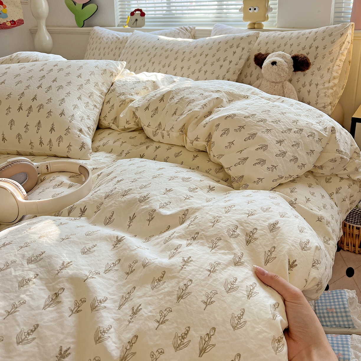 91家纺网 家纺一手货源 找家纺 暖芯优选 2025新款加厚爆款小布袋韩国古法水洗棉床单学生三件套床笠款四件套 素叶小筑