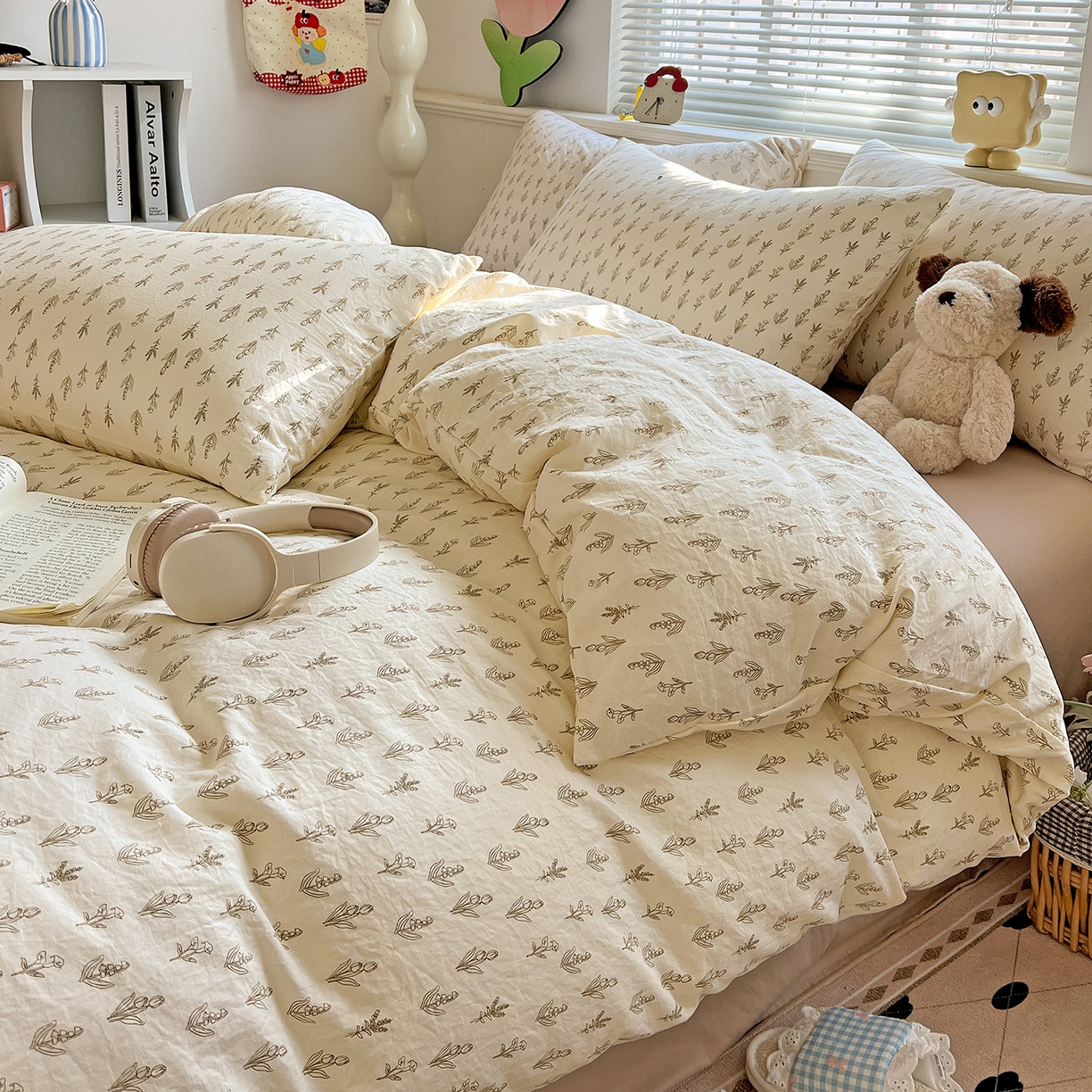 91家纺网 家纺一手货源 找家纺 暖芯优选 2025新款加厚爆款小布袋韩国古法水洗棉床单学生三件套床笠款四件套 素叶小筑