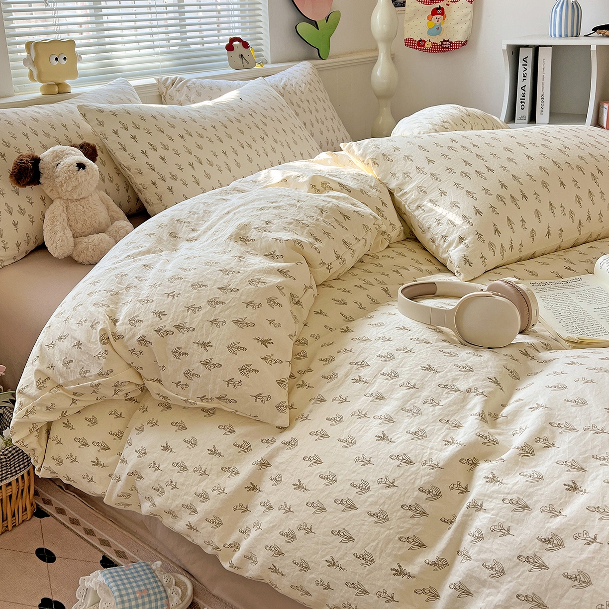 91家纺网 家纺一手货源 找家纺 暖芯优选 2025新款加厚爆款小布袋韩国古法水洗棉床单学生三件套床笠款四件套 素叶小筑