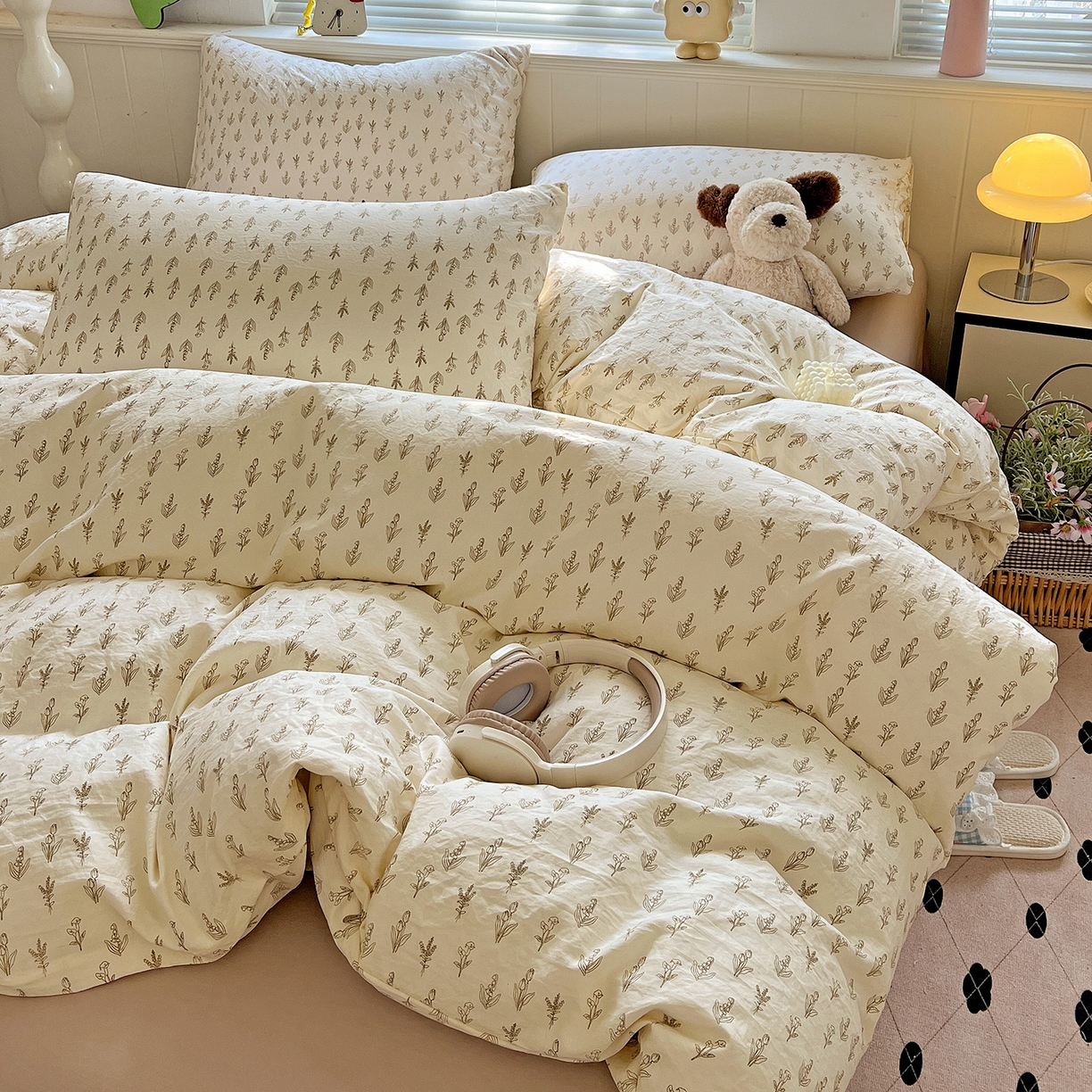 91家纺网 家纺一手货源 找家纺 暖芯优选 2025新款加厚爆款小布袋韩国古法水洗棉床单学生三件套床笠款四件套 素叶小筑