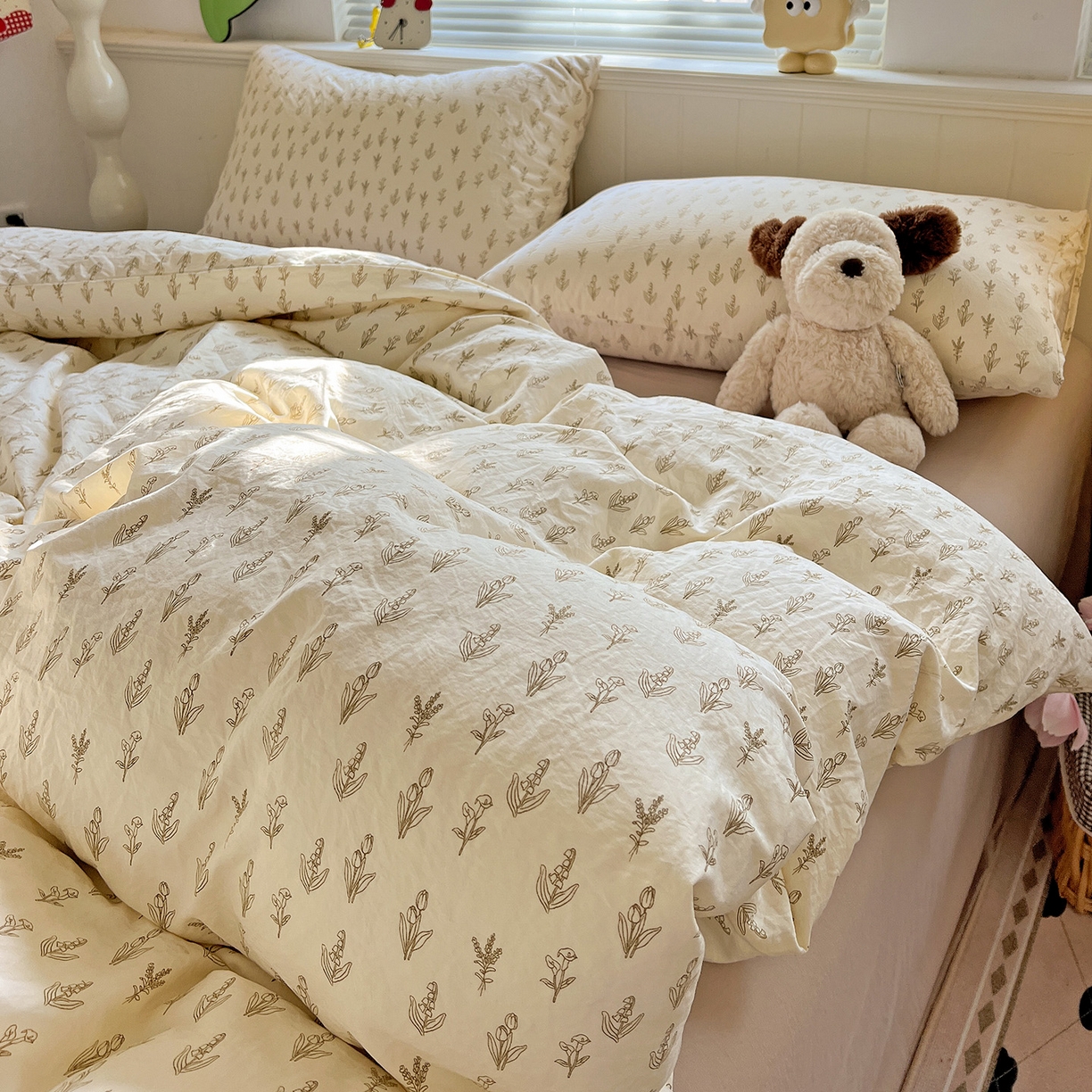 91家纺网 家纺一手货源 找家纺 暖芯优选 2025新款加厚爆款小布袋韩国古法水洗棉床单学生三件套床笠款四件套 素叶小筑