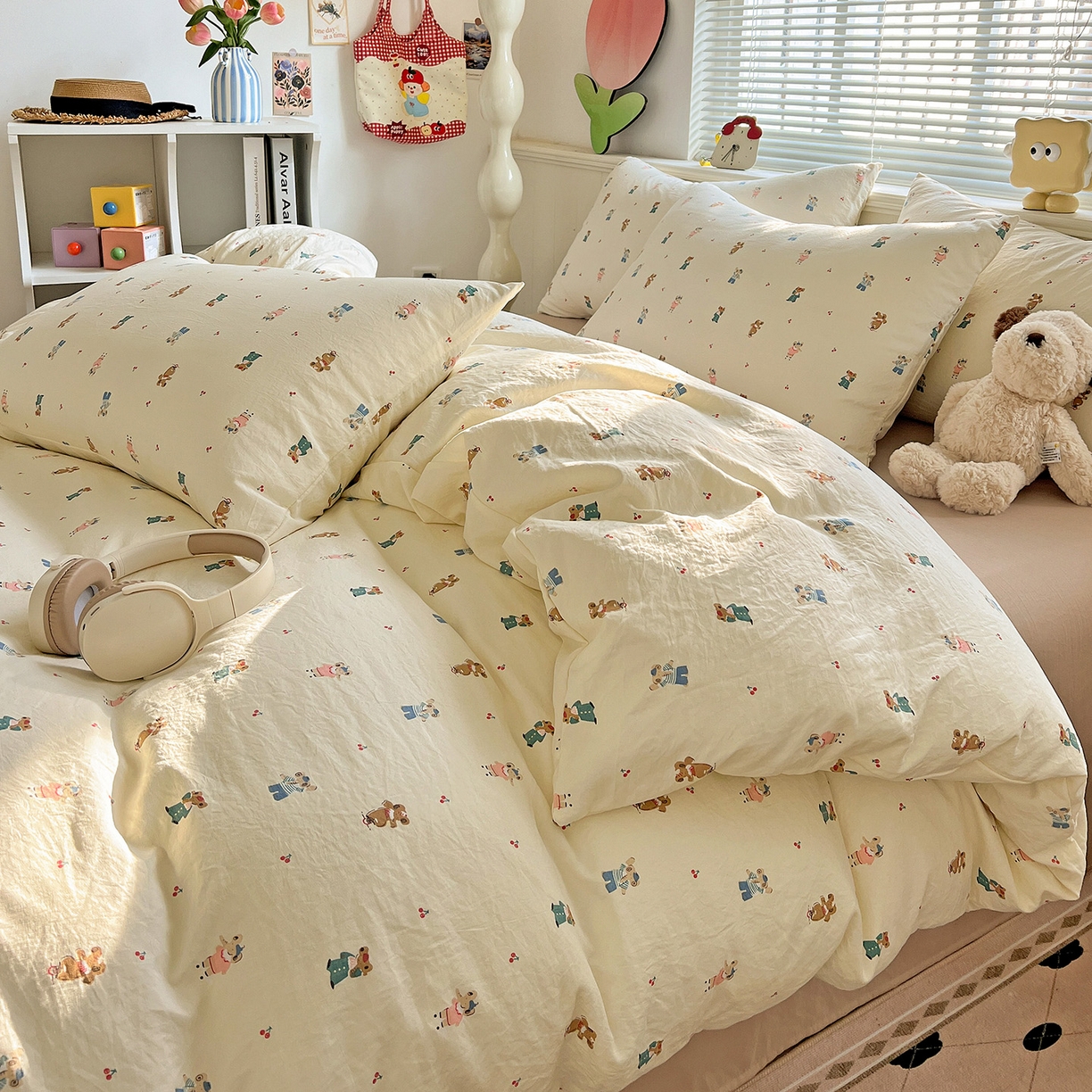 91家纺网 家纺一手货源 找家纺 优选 2025新款加厚爆款小布袋韩国古法高克重水洗棉床单学生三件套床笠款四件套 小熊布语