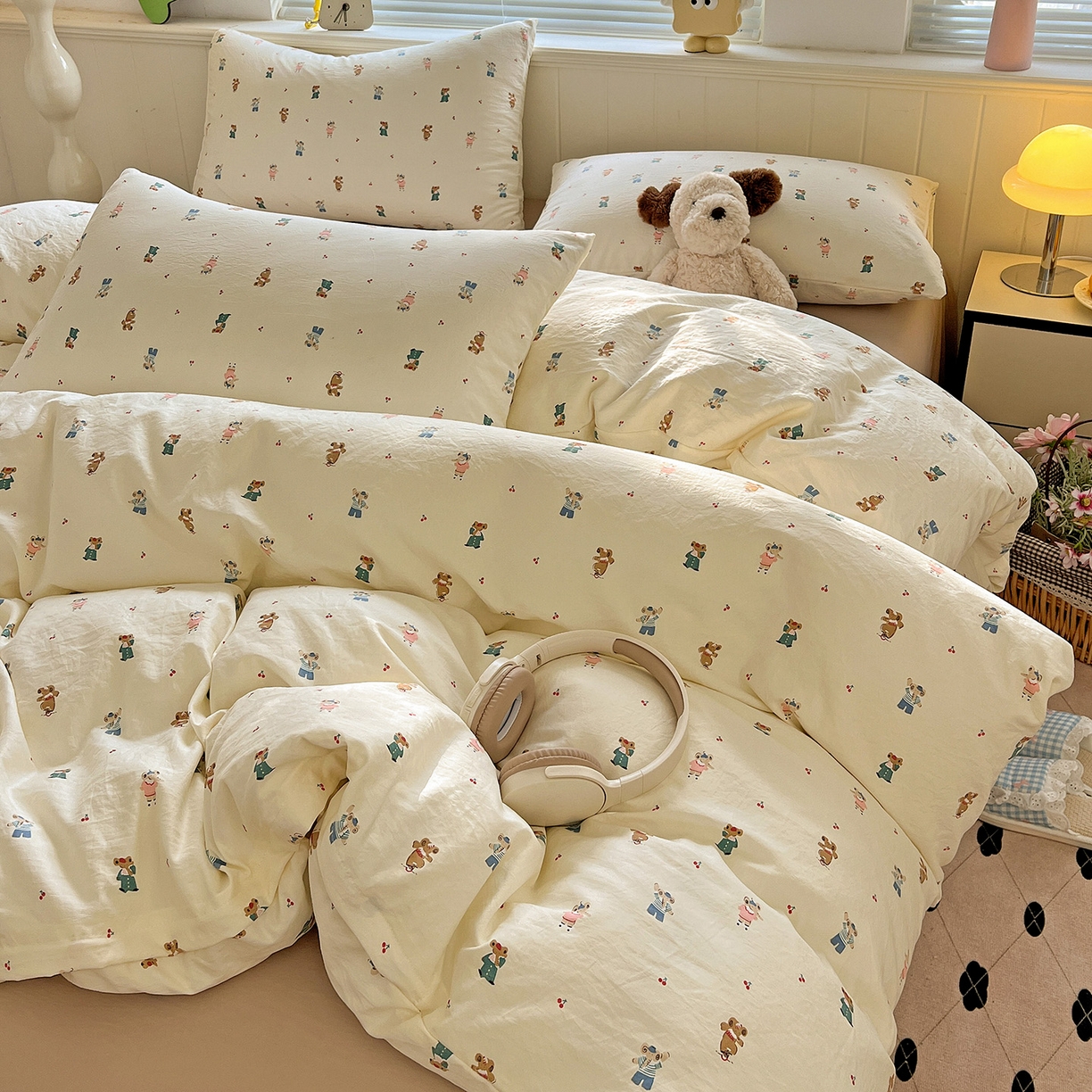 91家纺网 家纺一手货源 找家纺 优选 2025新款加厚爆款小布袋韩国古法高克重水洗棉床单学生三件套床笠款四件套 小熊布语