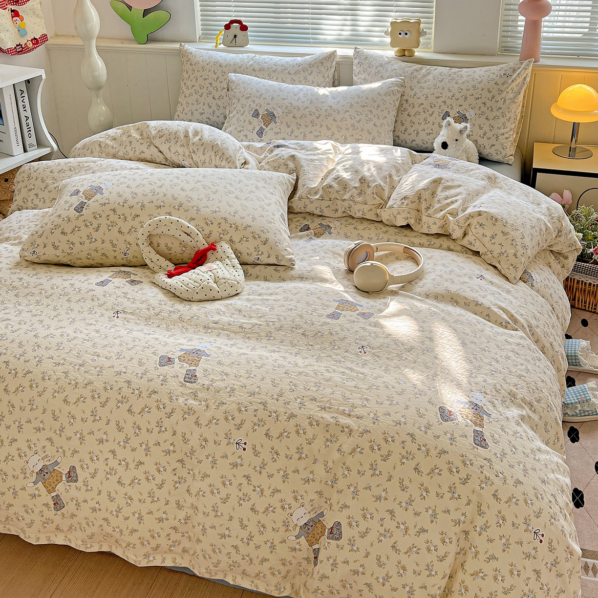 91家纺网 家纺一手货源 找家纺 暖芯优选 2025新款加厚爆款小布袋韩国古法水洗棉床单学生三件套床笠款四件套 碎花喵语