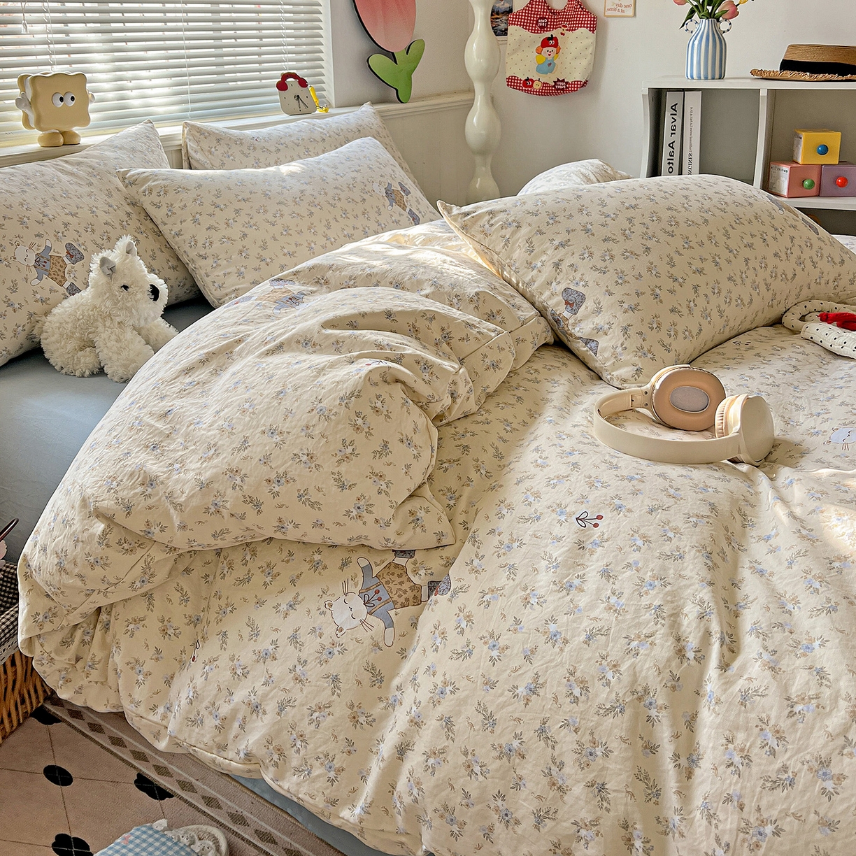 91家纺网 家纺一手货源 找家纺 暖芯优选 2025新款加厚爆款小布袋韩国古法水洗棉床单学生三件套床笠款四件套 碎花喵语