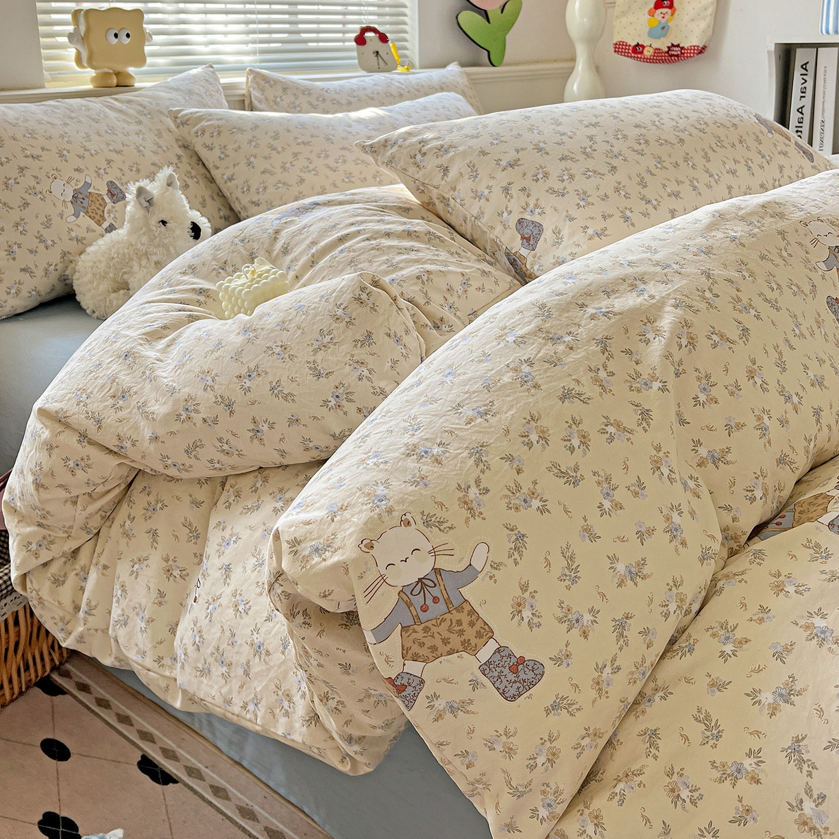 91家纺网 家纺一手货源 找家纺 暖芯优选 2025新款加厚爆款小布袋韩国古法水洗棉床单学生三件套床笠款四件套 碎花喵语