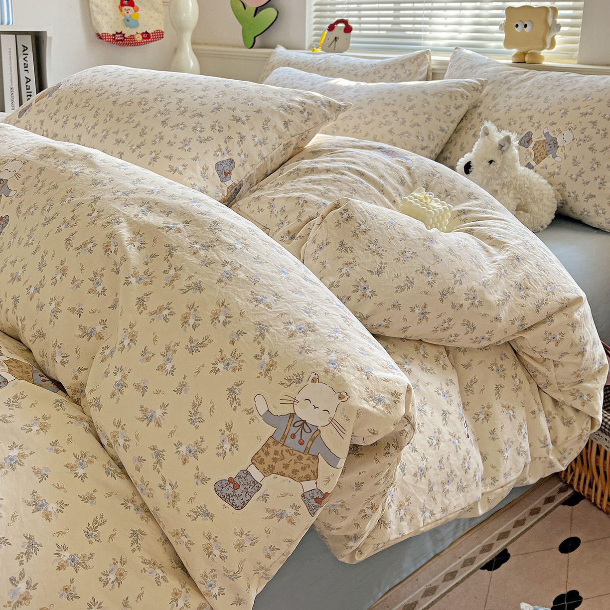 91家纺网 家纺一手货源 找家纺 暖芯优选 2025新款加厚爆款小布袋韩国古法水洗棉床单学生三件套床笠款四件套 碎花喵语