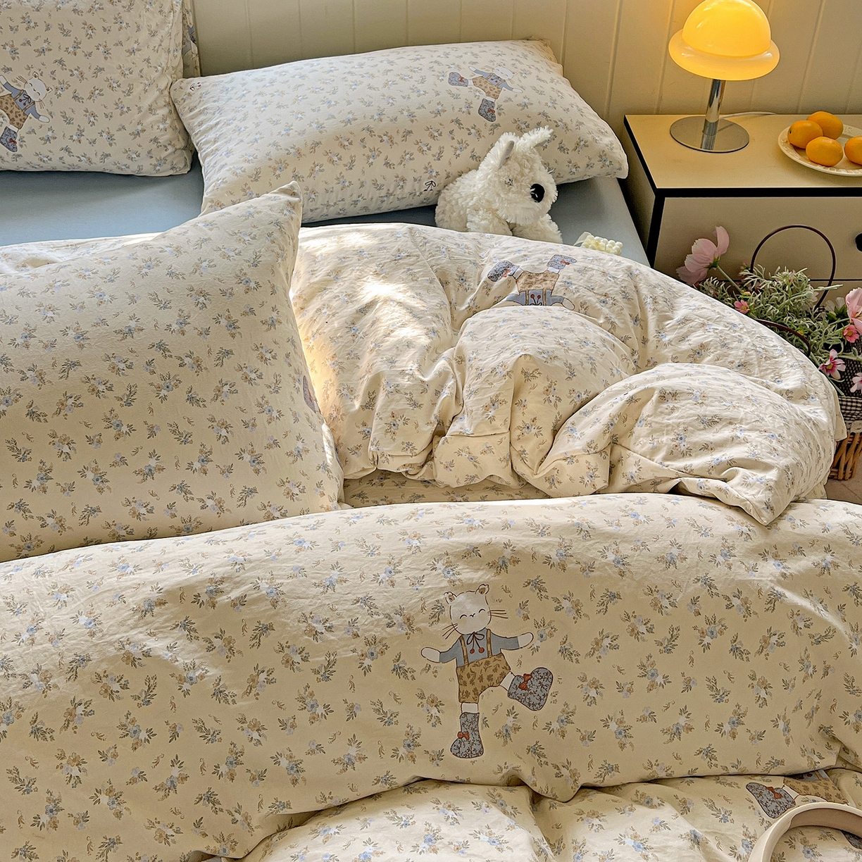 91家纺网 家纺一手货源 找家纺 暖芯优选 2025新款加厚爆款小布袋韩国古法水洗棉床单学生三件套床笠款四件套 碎花喵语