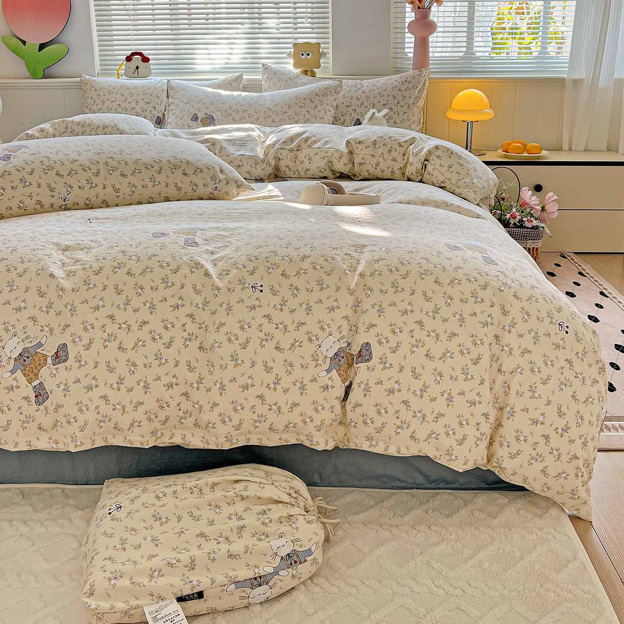 91家纺网 家纺一手货源 找家纺 暖芯优选 2025新款加厚爆款小布袋韩国古法水洗棉床单学生三件套床笠款四件套 碎花喵语