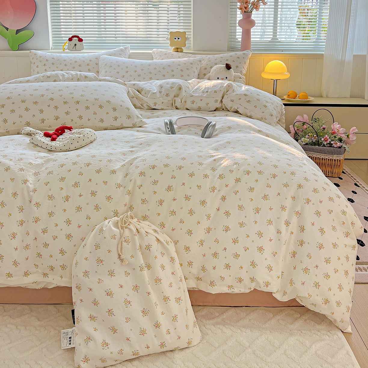 暖芯优选 2025新款加厚爆款小布袋韩国古法水洗棉床单学生三件套床笠款四件套 甜梦花坊