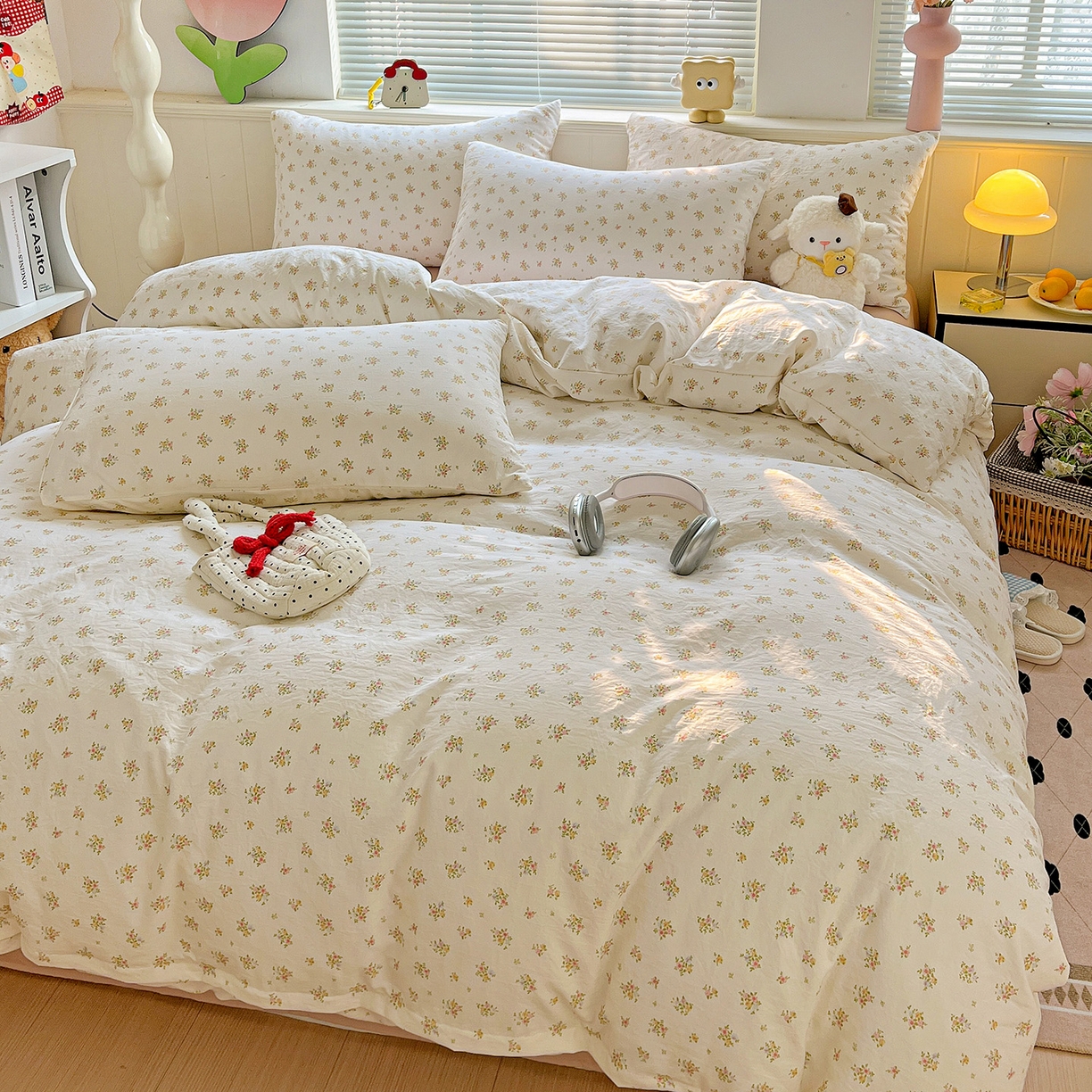 91家纺网 家纺一手货源 找家纺 暖芯优选 2025新款加厚爆款小布袋韩国古法水洗棉床单学生三件套床笠款四件套 甜梦花坊