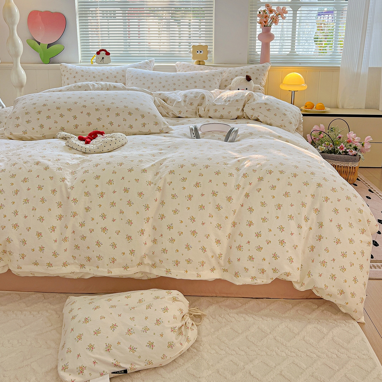 91家纺网 家纺一手货源 找家纺 暖芯优选 2025新款加厚爆款小布袋韩国古法水洗棉床单学生三件套床笠款四件套 甜梦花坊