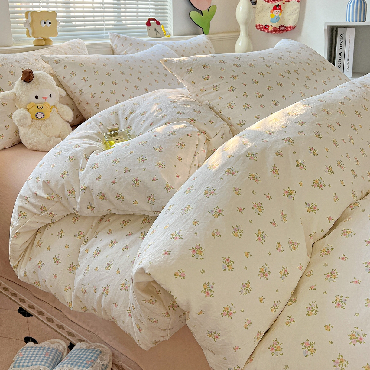 91家纺网 家纺一手货源 找家纺 暖芯优选 2025新款加厚爆款小布袋韩国古法水洗棉床单学生三件套床笠款四件套 甜梦花坊