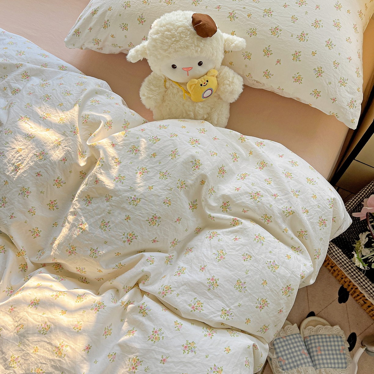 91家纺网 家纺一手货源 找家纺 暖芯优选 2025新款加厚爆款小布袋韩国古法水洗棉床单学生三件套床笠款四件套 甜梦花坊