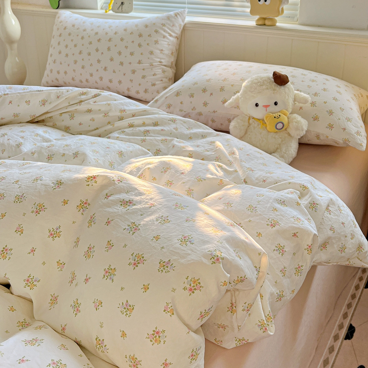 91家纺网 家纺一手货源 找家纺 暖芯优选 2025新款加厚爆款小布袋韩国古法水洗棉床单学生三件套床笠款四件套 甜梦花坊