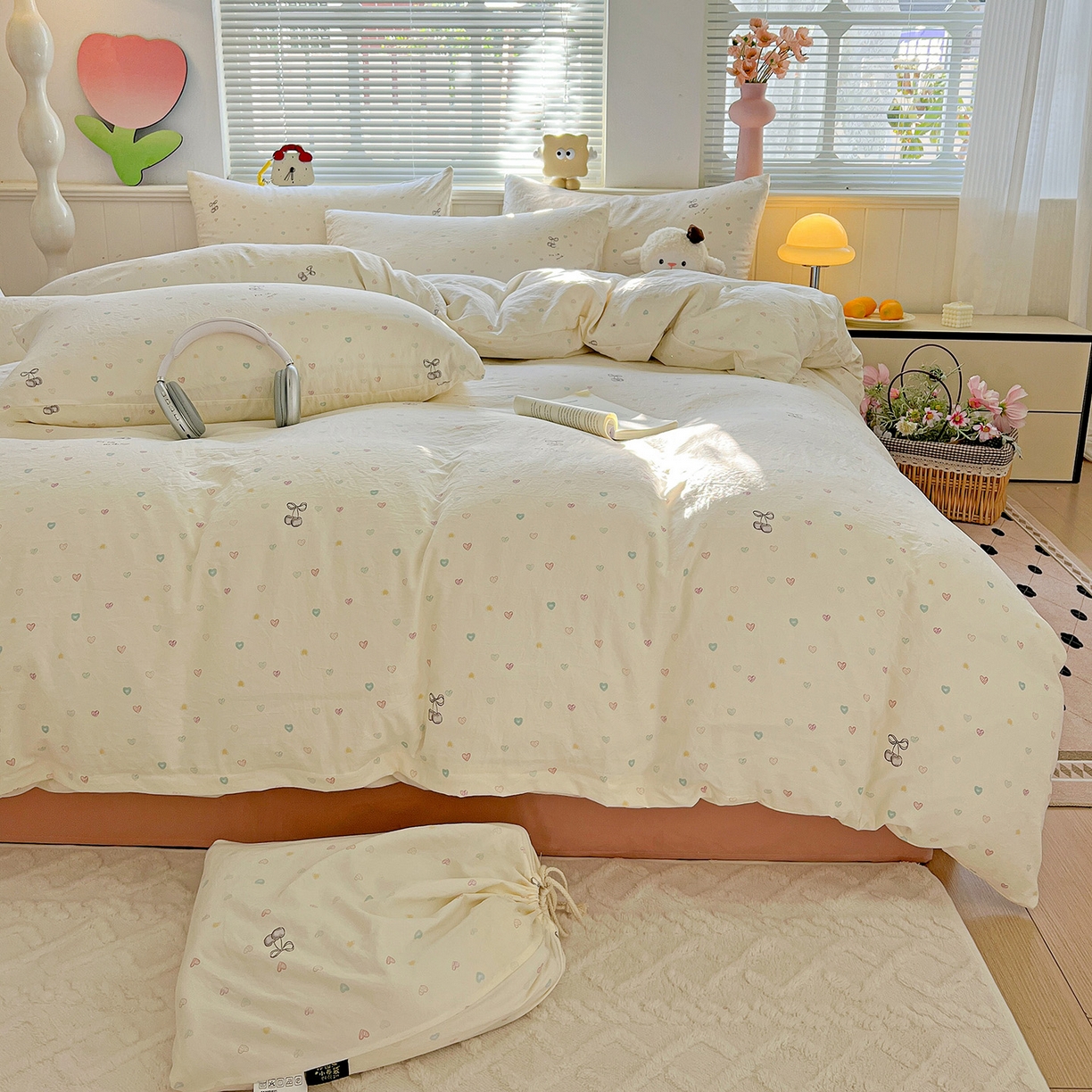 91家纺网 家纺一手货源 找家纺 暖芯优选 2025新款加厚爆款小布袋韩国古法水洗棉床单学生三件套床笠款四件套 甜心软糖