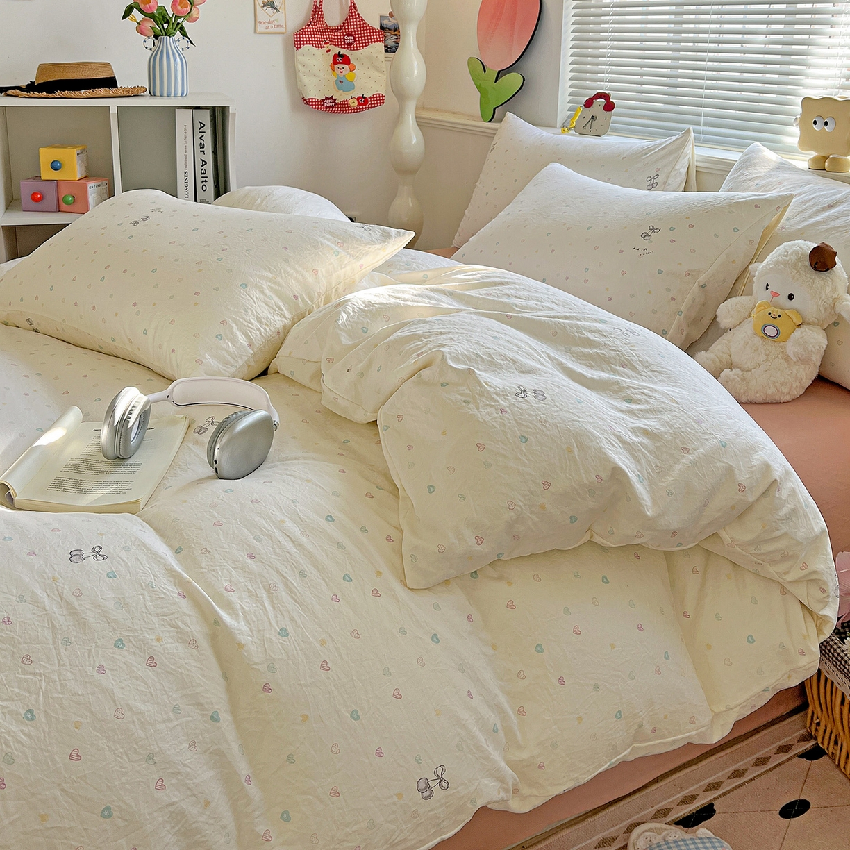 91家纺网 家纺一手货源 找家纺 暖芯优选 2025新款加厚爆款小布袋韩国古法水洗棉床单学生三件套床笠款四件套 甜心软糖