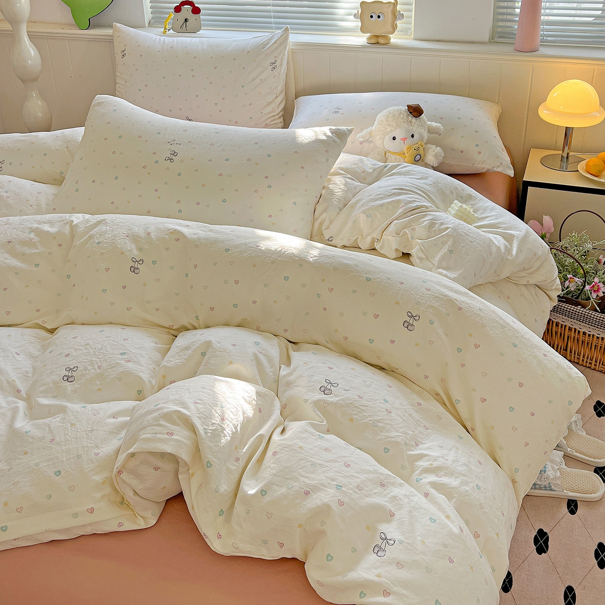 91家纺网 家纺一手货源 找家纺 暖芯优选 2025新款加厚爆款小布袋韩国古法水洗棉床单学生三件套床笠款四件套 甜心软糖