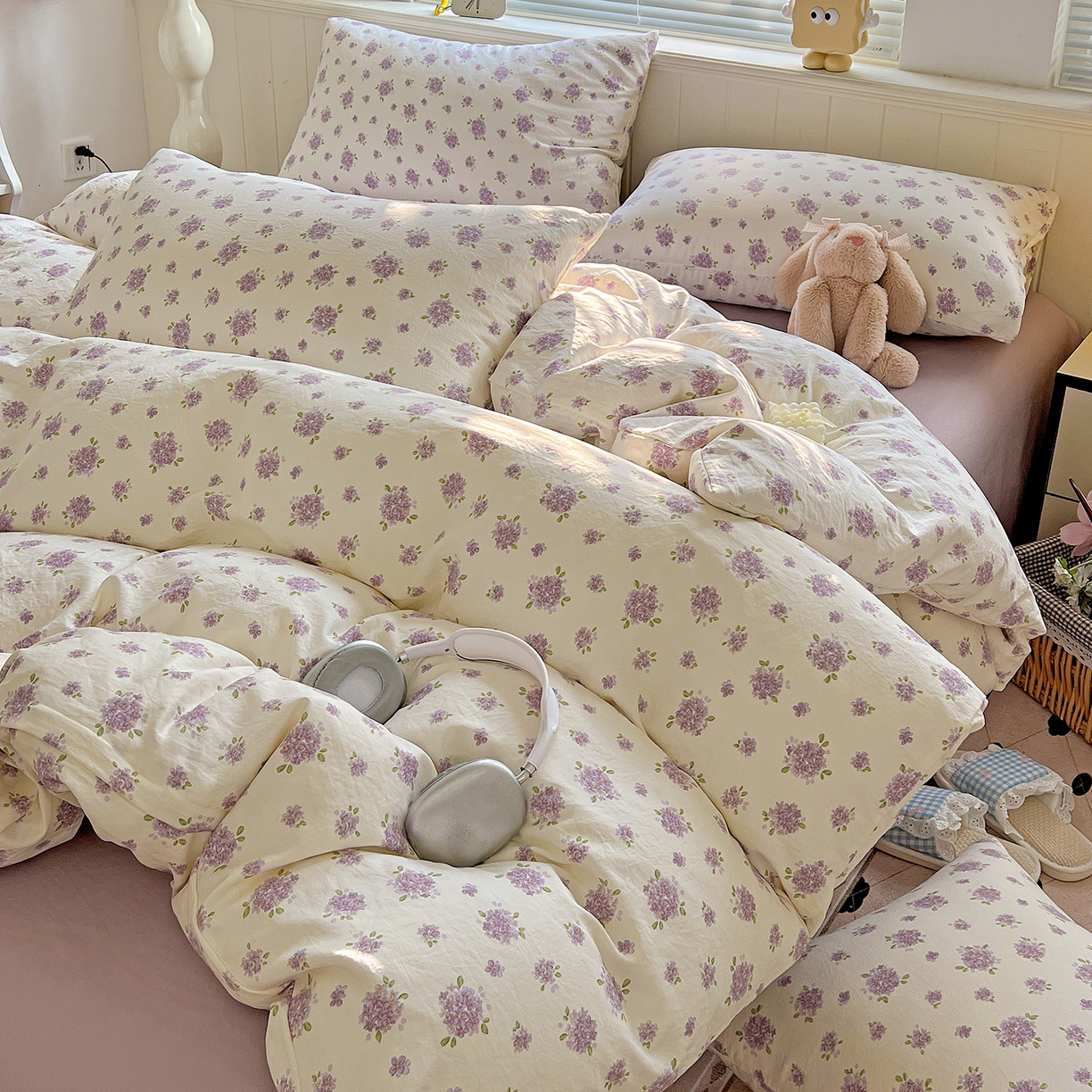 91家纺网 家纺一手货源 找家纺 优选 2025新款加厚爆款小布袋韩国古法高克重水洗棉床单学生三件套床笠款四件套 薰衣草田