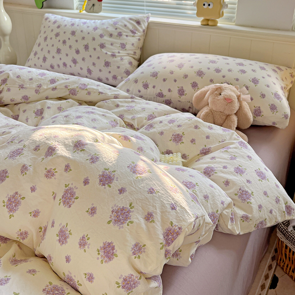 91家纺网 家纺一手货源 找家纺 优选 2025新款加厚爆款小布袋韩国古法高克重水洗棉床单学生三件套床笠款四件套 薰衣草田