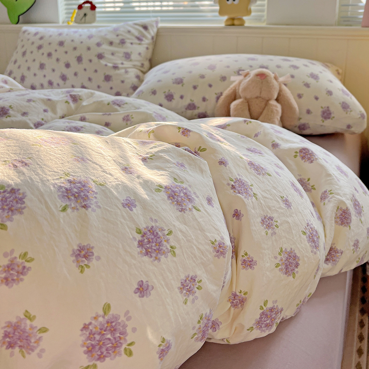 91家纺网 家纺一手货源 找家纺 优选 2025新款加厚爆款小布袋韩国古法高克重水洗棉床单学生三件套床笠款四件套 薰衣草田