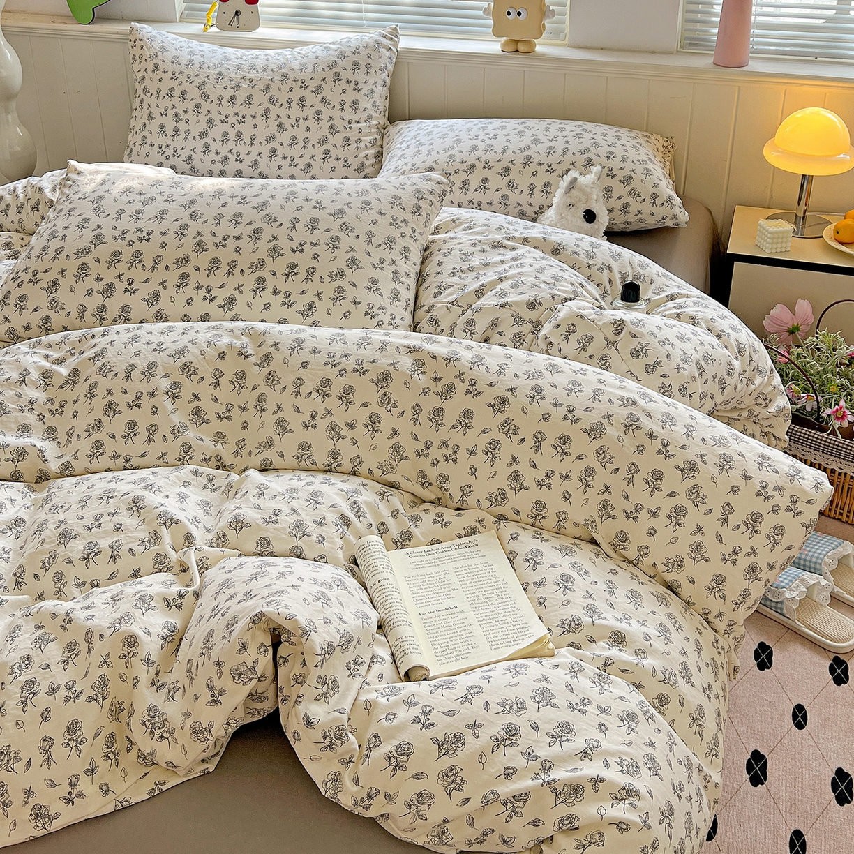 91家纺网 家纺一手货源 找家纺 暖芯优选 2025新款加厚爆款小布袋韩国古法水洗棉床单学生三件套床笠款四件套 线描花集