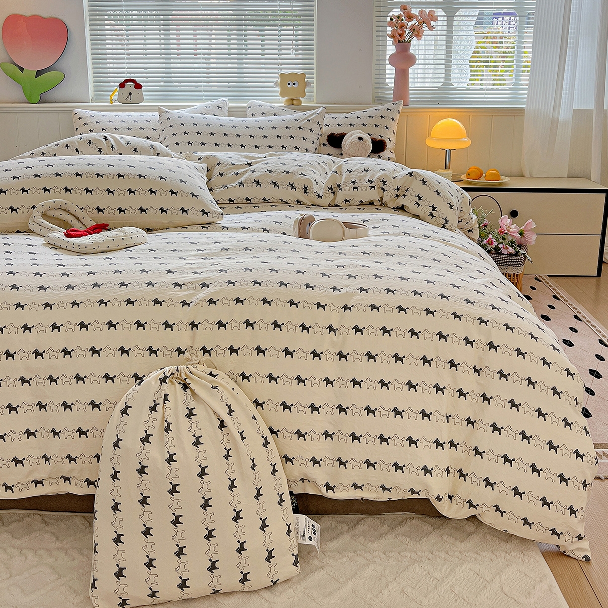 暖芯优选 2025新款加厚爆款小布袋韩国古法水洗棉床单学生三件套床笠款四件套 小马漫步