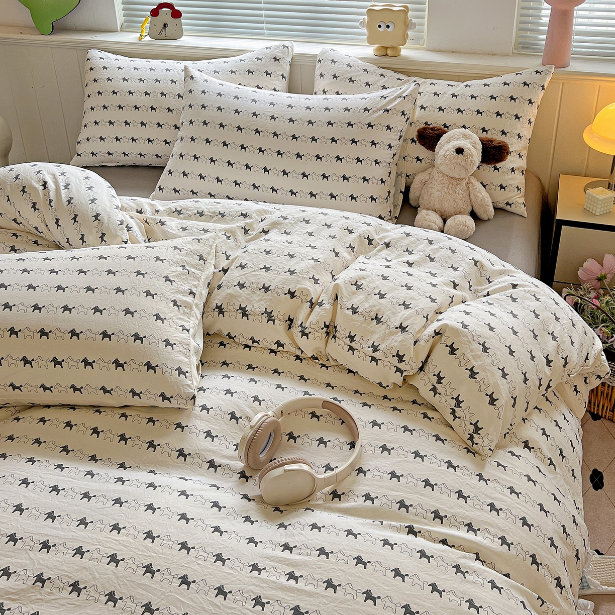 91家纺网 家纺一手货源 找家纺 暖芯优选 2025新款加厚爆款小布袋韩国古法水洗棉床单学生三件套床笠款四件套 小马漫步