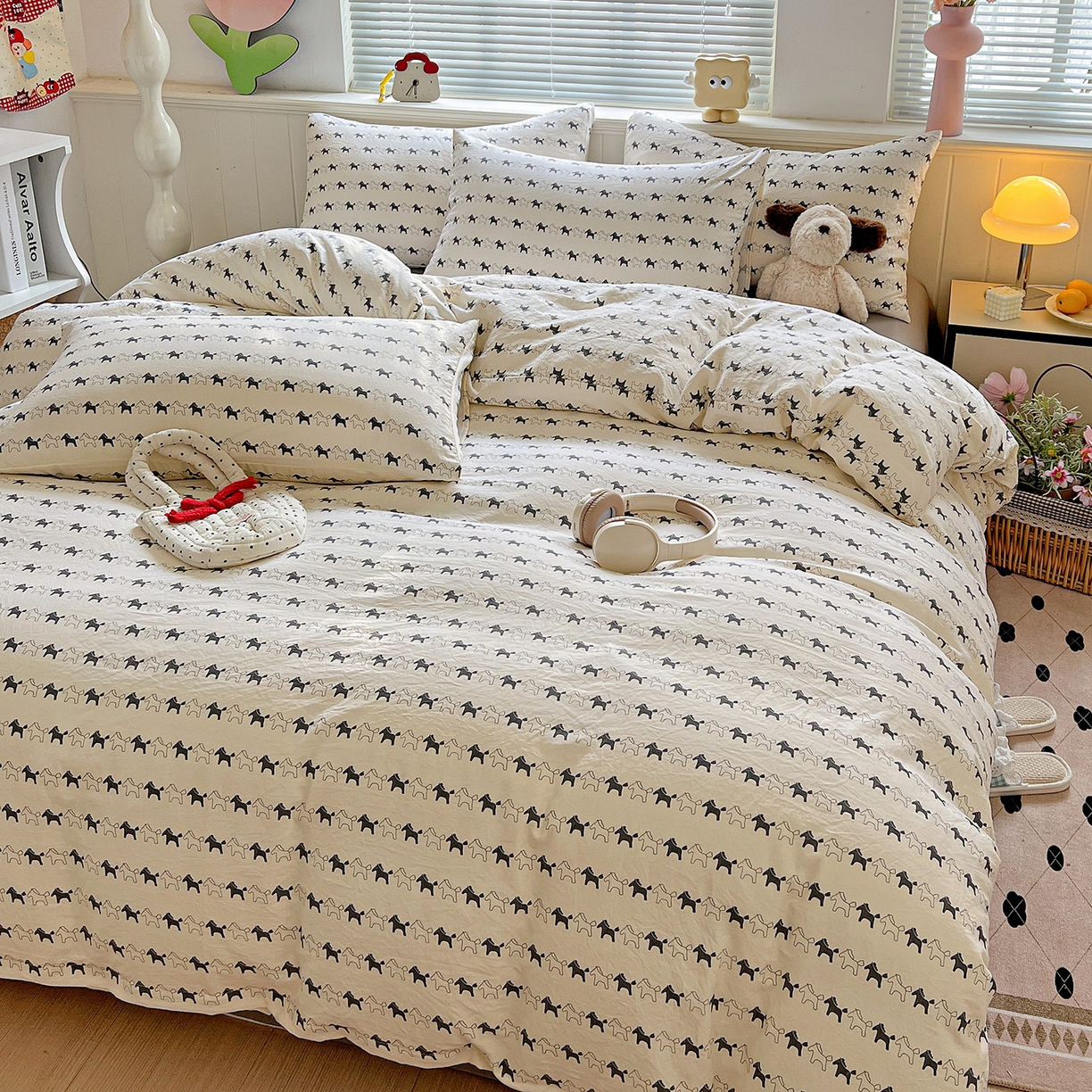 91家纺网 家纺一手货源 找家纺 暖芯优选 2025新款加厚爆款小布袋韩国古法水洗棉床单学生三件套床笠款四件套 小马漫步