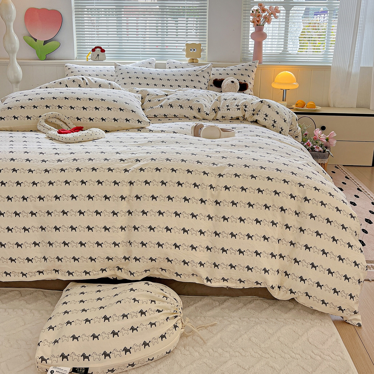 91家纺网 家纺一手货源 找家纺 暖芯优选 2025新款加厚爆款小布袋韩国古法水洗棉床单学生三件套床笠款四件套 小马漫步