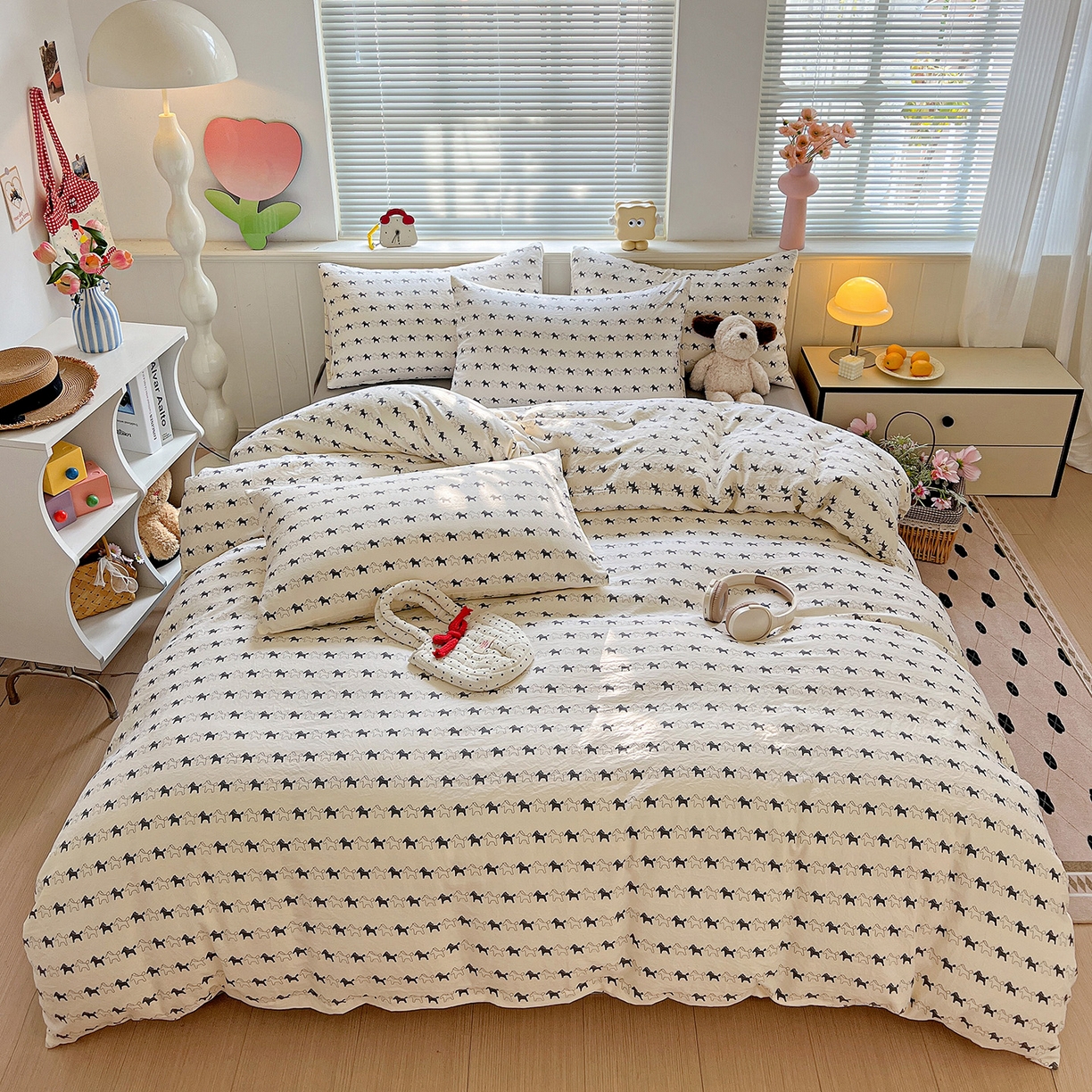 91家纺网 家纺一手货源 找家纺 暖芯优选 2025新款加厚爆款小布袋韩国古法水洗棉床单学生三件套床笠款四件套 小马漫步