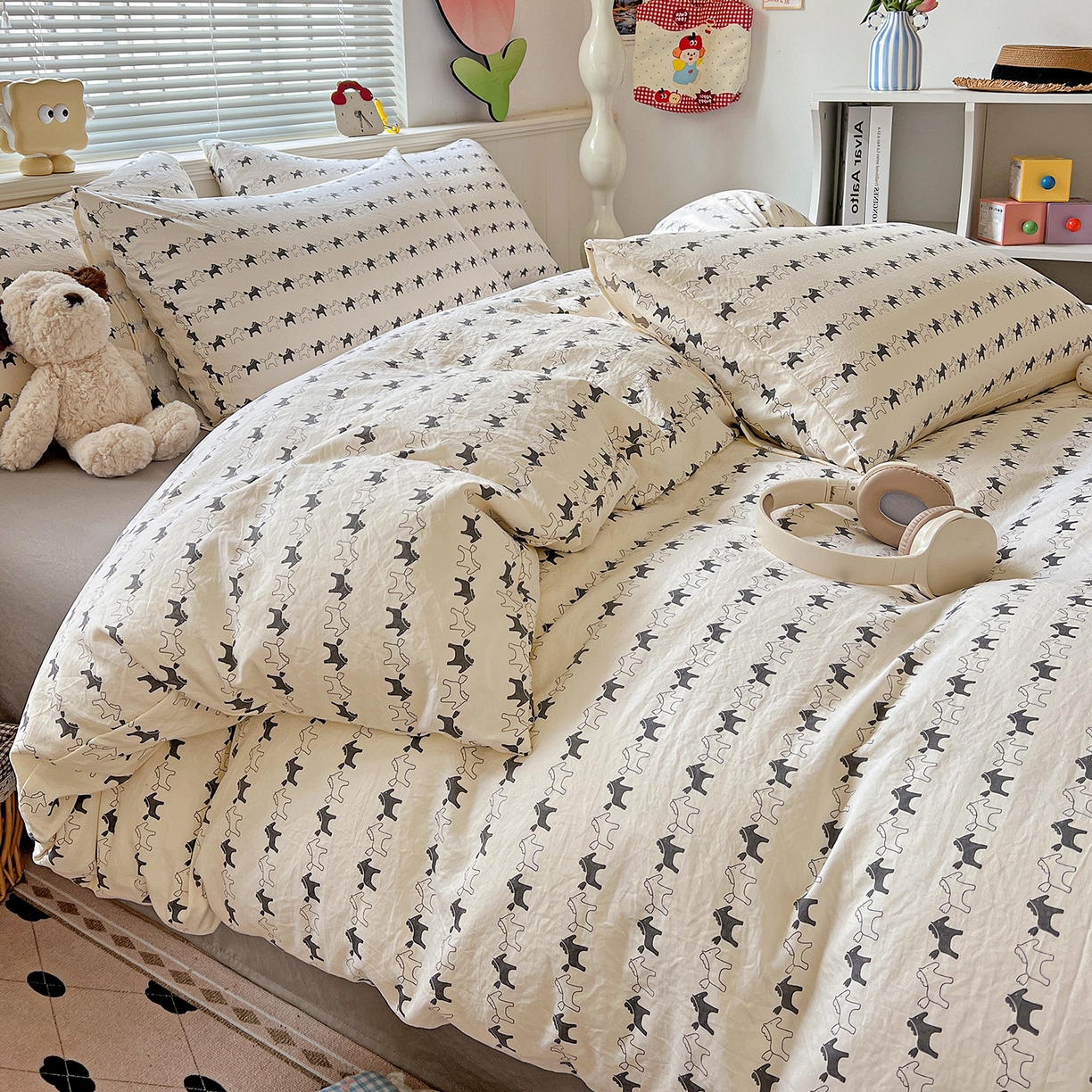 91家纺网 家纺一手货源 找家纺 暖芯优选 2025新款加厚爆款小布袋韩国古法水洗棉床单学生三件套床笠款四件套 小马漫步